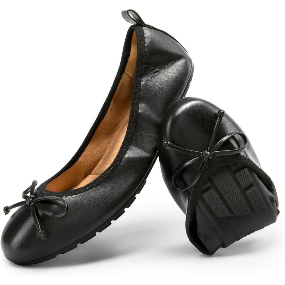 Dream Pairs Women Black Faux Leather Round Toe Bowknot Foldable Ballerine Shoes